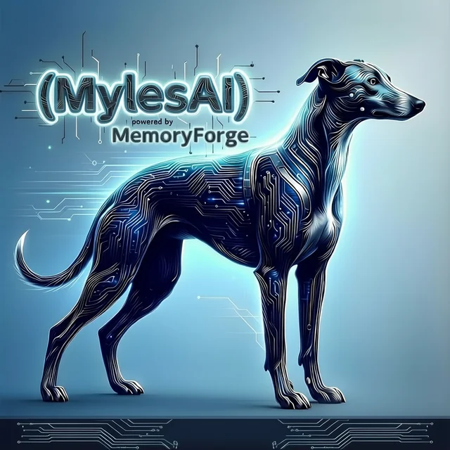 (MylesAI) powered by MemoryForge — a greyhound rendered in glowing circuit linework